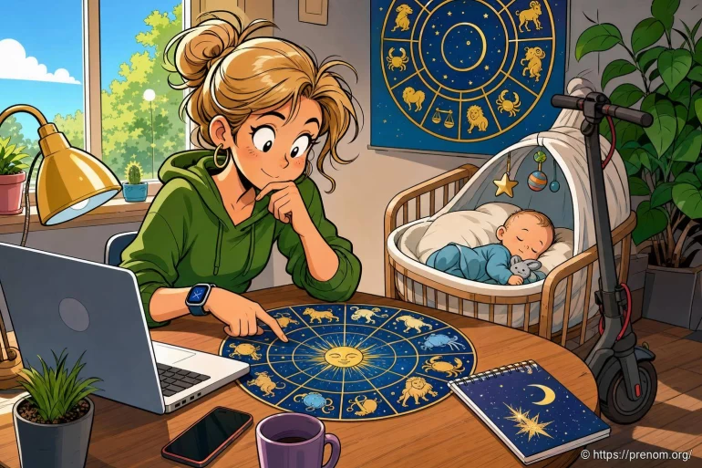 Femme étudie horoscope avec bébé endormi